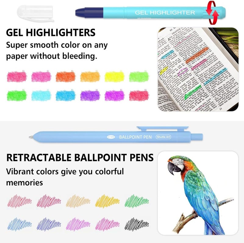 Shuttle Art Bible Highlighters and Pens, 22 Pack Journaling Kit, 12 Colors Gel Highlighters and 10 Colors Ballpoint Pens with a storage bag, Bible Markers No Bleed Through by - Image 2